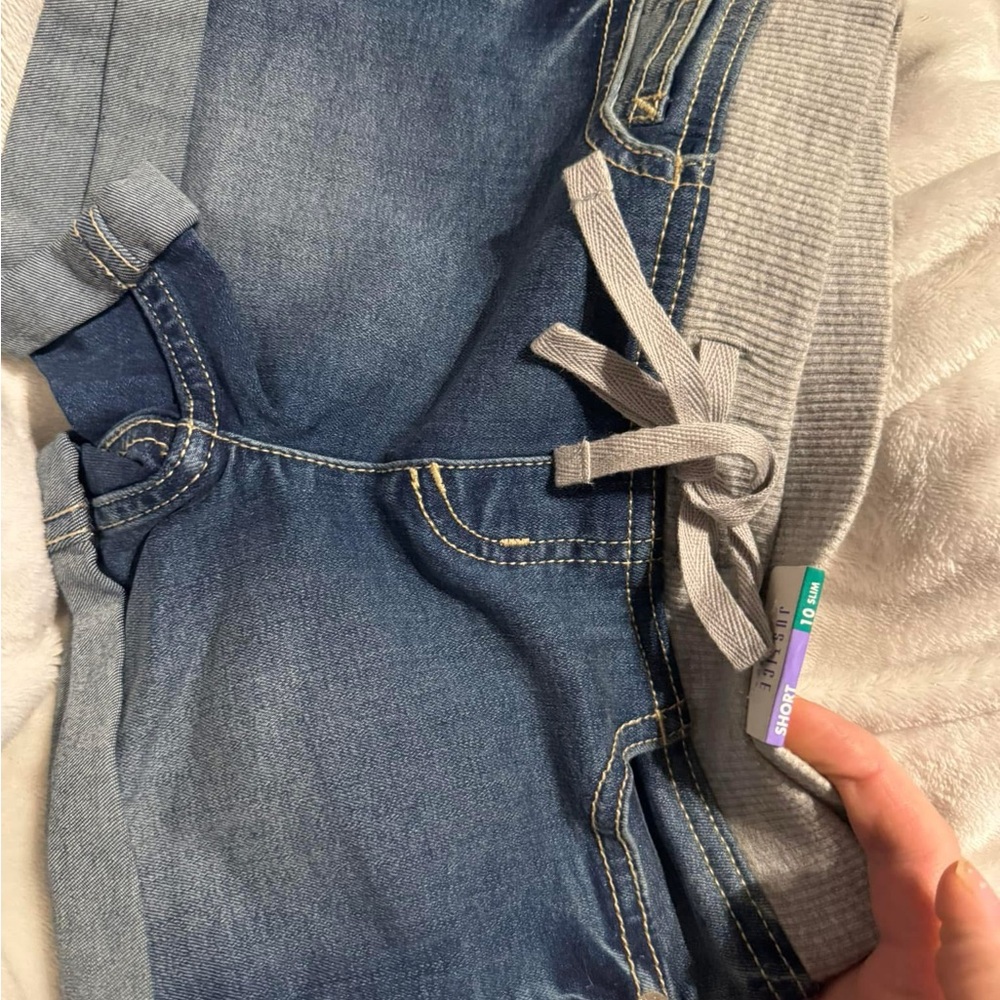 Blue Denim Jogger Pants with Gray Ribbed Waistband